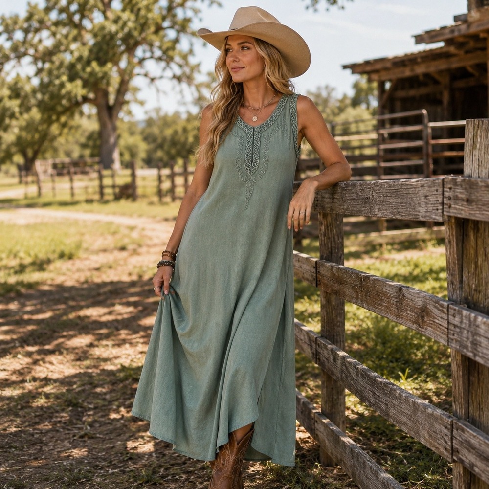 LPogee Sage Green Embroidered Boho Maxi Dress Sleeveless Free Size India Viscose